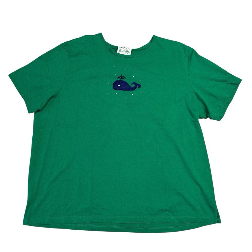 Quacker Factory Womens Whale Embroidered Rhinestones Short Sleeve Top 3X Green